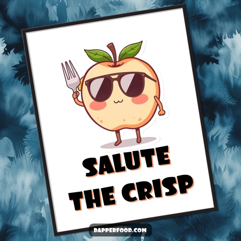 Funny poster art of a blushing apple character in sunglasses giving a tiny fork salute, embodying a cool, cheeky, and fun aesthetic.