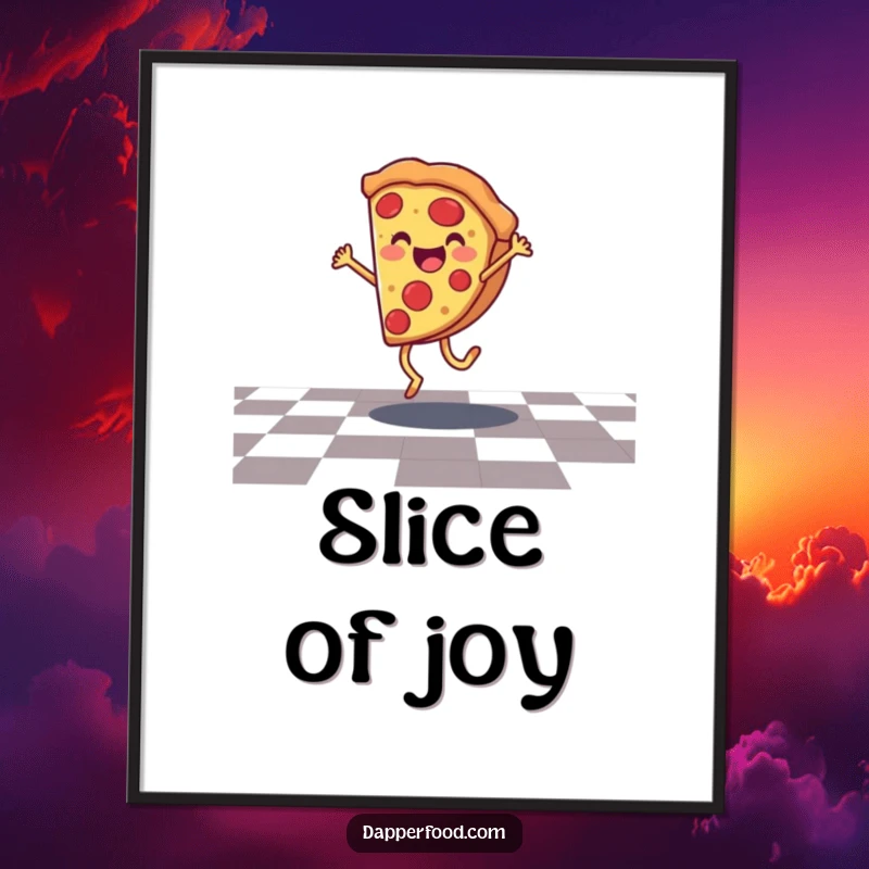 Funny pizza poster art of a smiling character doing a cartwheel on a checkered floor, bringing dynamic, playful energy.