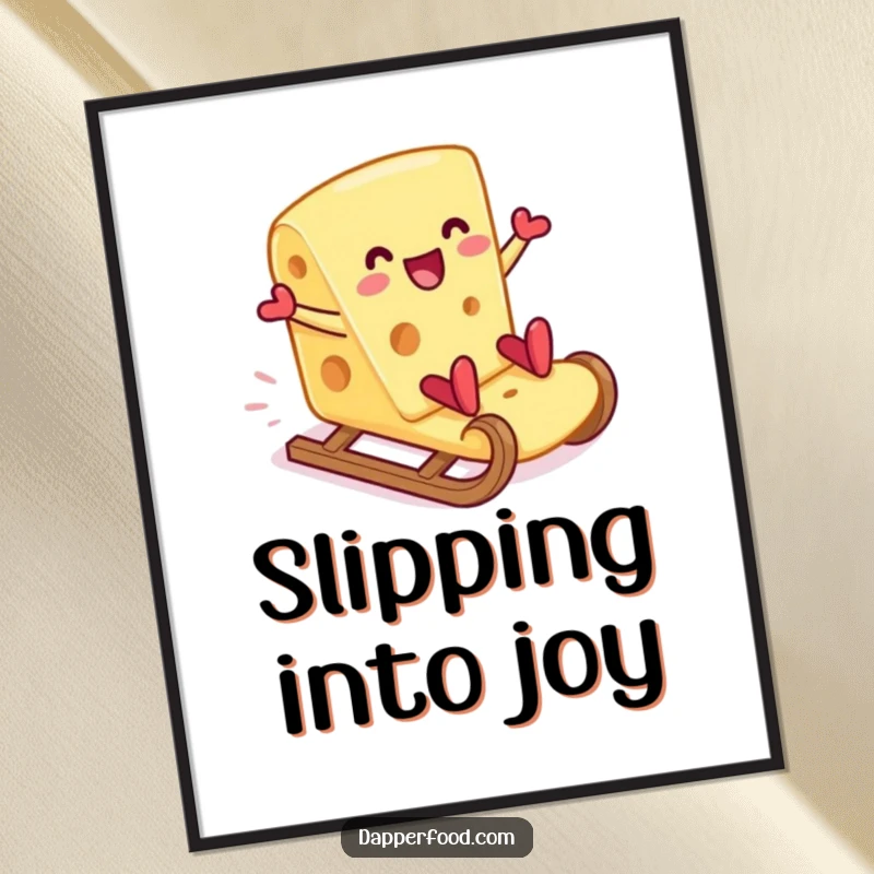 Funny cheese slice poster joyfully sledding down a cracker, bringing playful energy and cheesy humor to any room. Ideal funny gift.