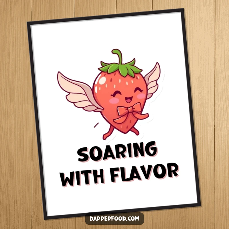 Funny poster of a delightful strawberry character with legs and wings, comically attempting flight with a ribbon, for a whimsical decor.
