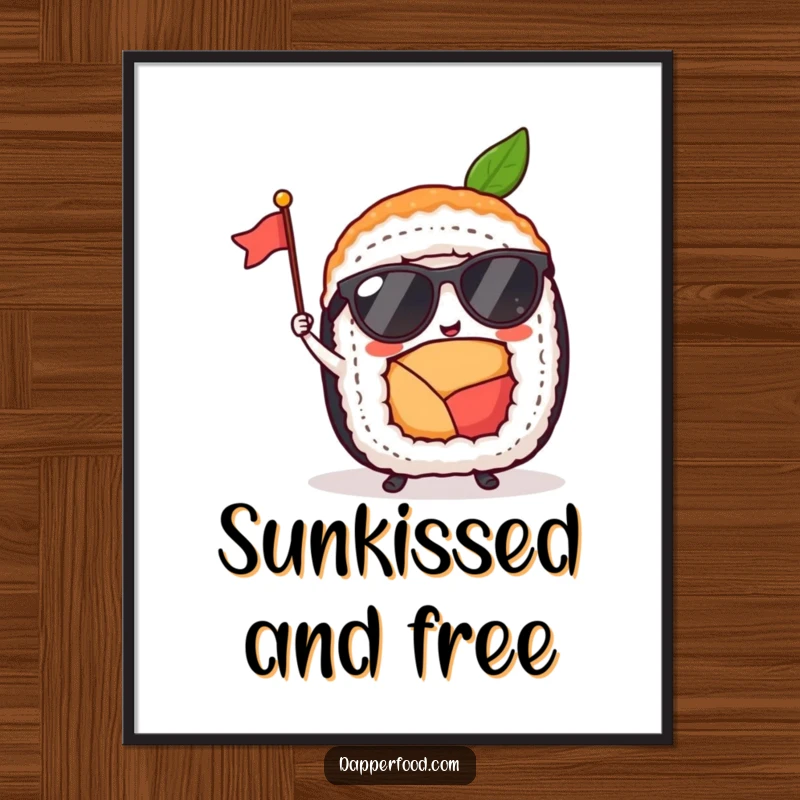 A delighted sushi roll character sporting tiny sunglasses and waving a tiny flag is featured on this funny poster.