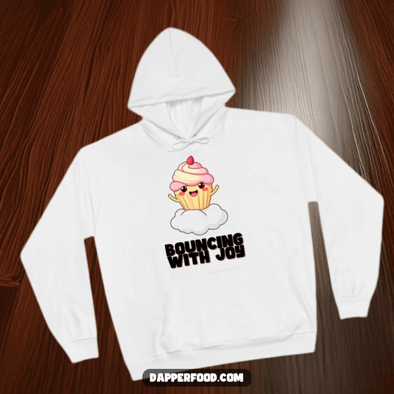 Funny cupcake cloud bounce hoodie, kawaii character joyfully bouncing on a cloud, soft and cozy apparel, great funny gift.