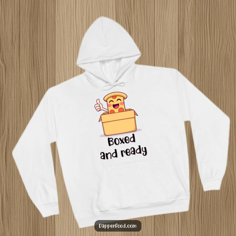 Funny hoodie depicting a giggling slice of pizza triumphantly giving a thumbs-up from a giant box, offering warmth and pizza joy.