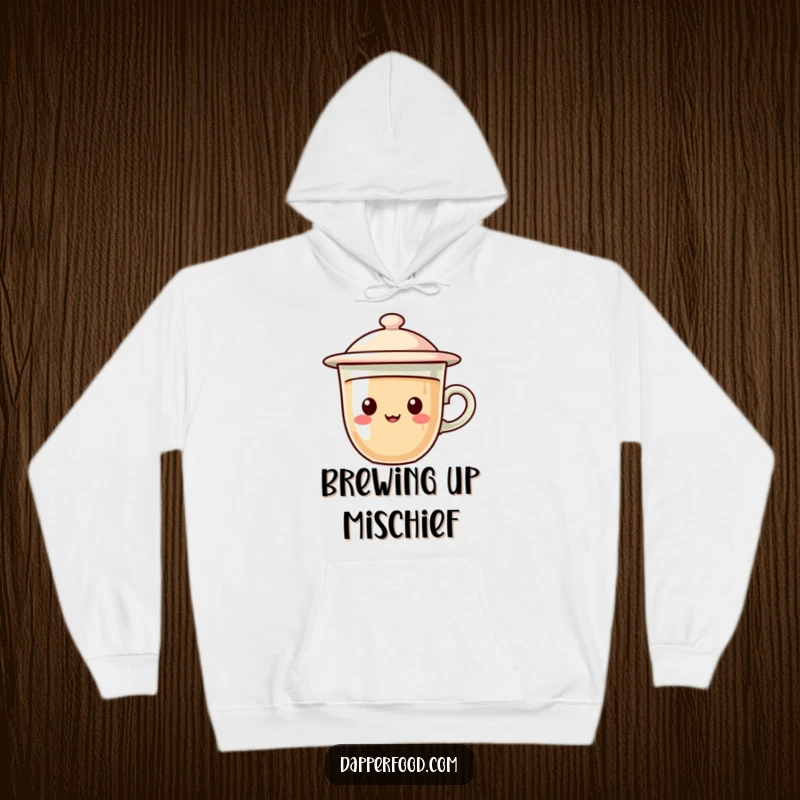 Funny coffee hoodie featuring a charming cup character with a flying saucer lid, hovering with a sense of cosmic delight.