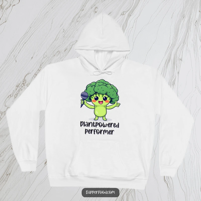 Funny hoodie with a proud broccoli floret character holding a tiny microphone, ready to deliver a stellar performance in cozy style.