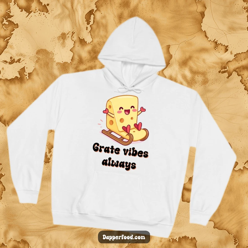 Funny cheese slice hoodie sledding down a cracker, offering warmth and a smile for any cheese enthusiast. An excellent funny gift.