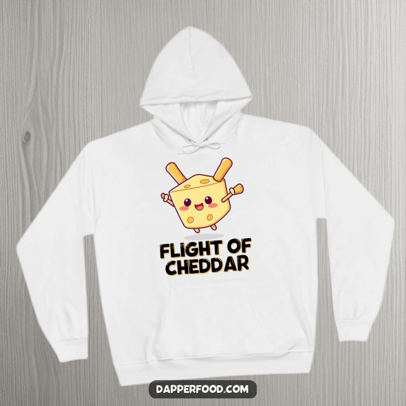 Funny hoodie depicting a happy cheese wedge trying to float with breadstick wings, perfect for cozy, humorous moments.