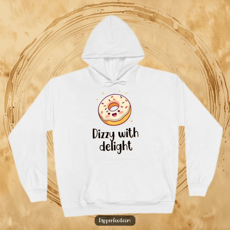 Funny hoodie showing an excited donut with sprinkles joyfully spinning on its edge, providing warmth and humor.