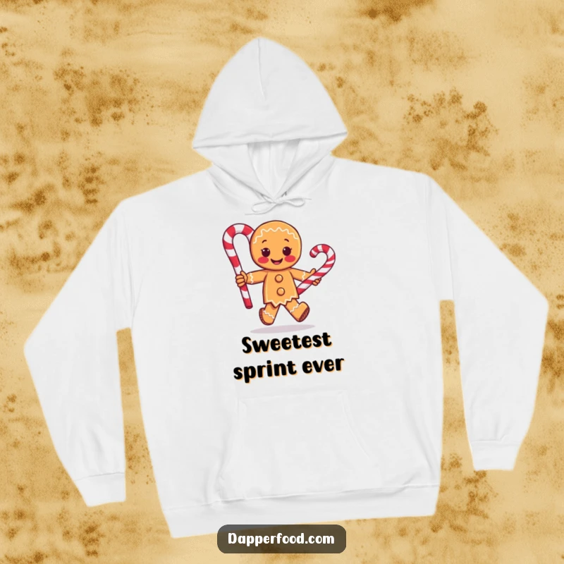 Funny hoodie depicting a delighted gingerbread man character in mid-stride, carrying a massive candy cane, radiating warmth and holiday mirth.