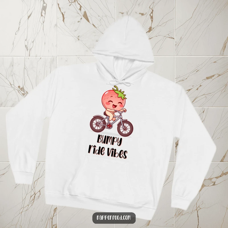 Funny strawberry character winking, riding a tiny bicycle with square wheels, depicted on a comfortable and humorous hoodie.