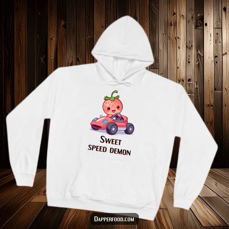 Funny hoodie featuring a smiling strawberry character in a tiny race car, ready for a fun, speedy adventure.