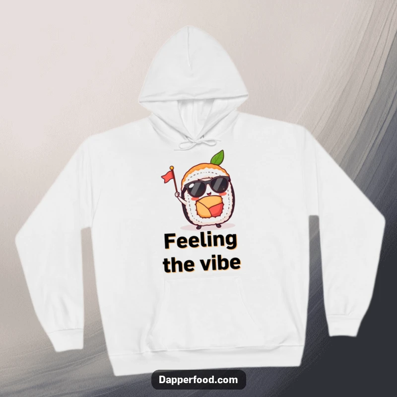 Funny sushi roll with sunglasses and a flag is depicted on this cozy hoodie, radiating happiness and cool vibes.