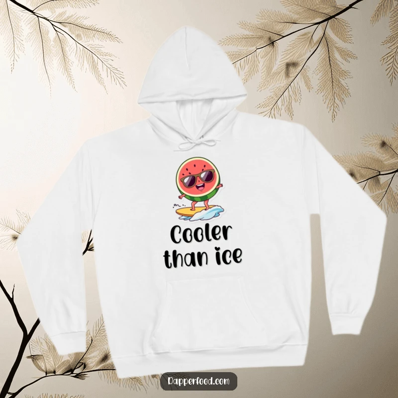 Funny watermelon surfer hoodie, a cool slice wearing sunglasses, riding a tiny wave, perfect for beach lovers. An excellent funny gift.