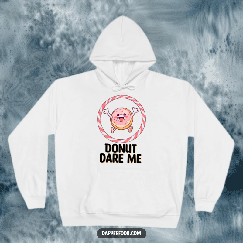 Funny hoodie depicting a gleeful donut enthusiastically jumping through a licorice hoop, offering warmth and humor.