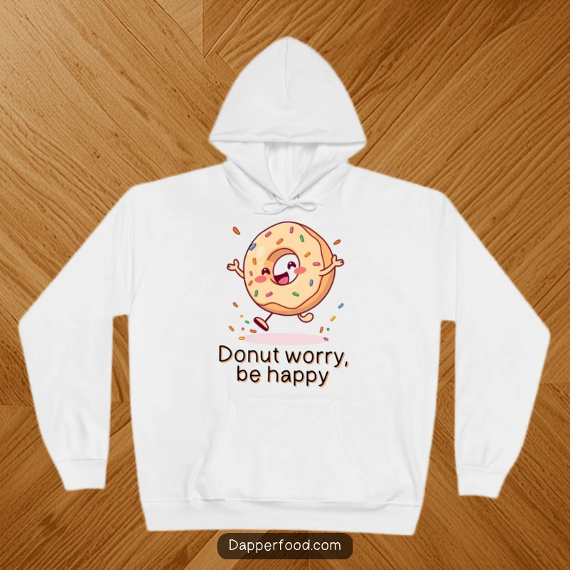 Funny Hoodie featuring a happy donut character playfully bouncing a giant sprinkle, exuding warmth and joy.