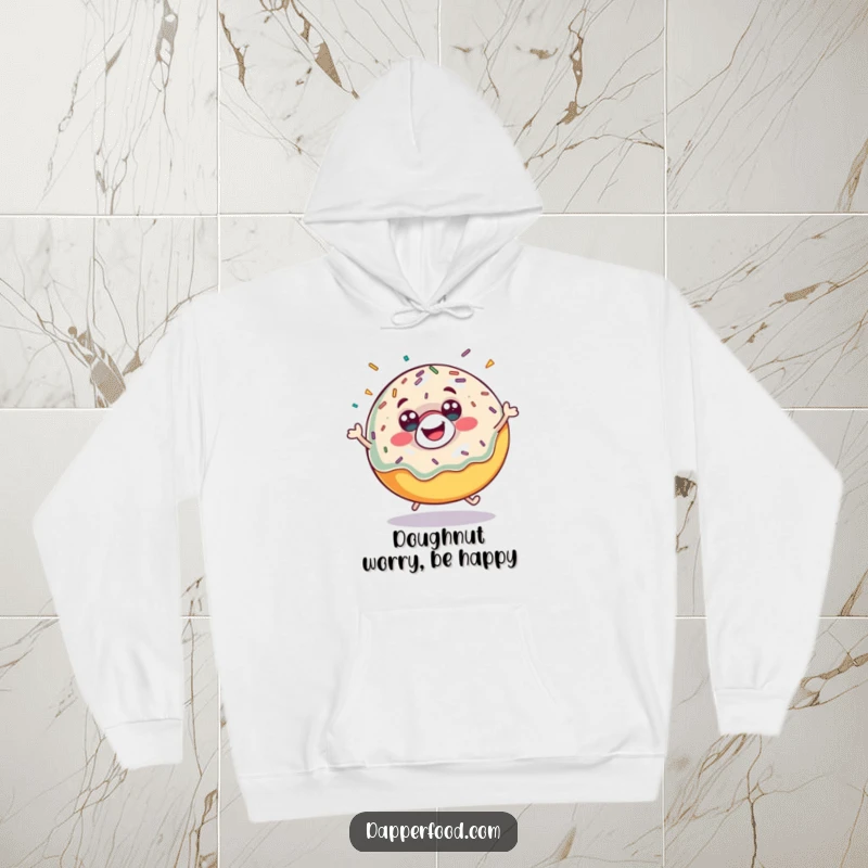 Funny donut bounce hoodie, showing sprinkles flying as it enthusiastically bounces, offering warmth and smiles. An excellent funny gift.