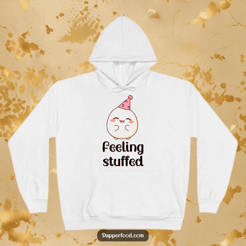 Funny hoodie depicting a cheerful dumpling winking while wearing a comically small party hat, offering warmth and cuteness.