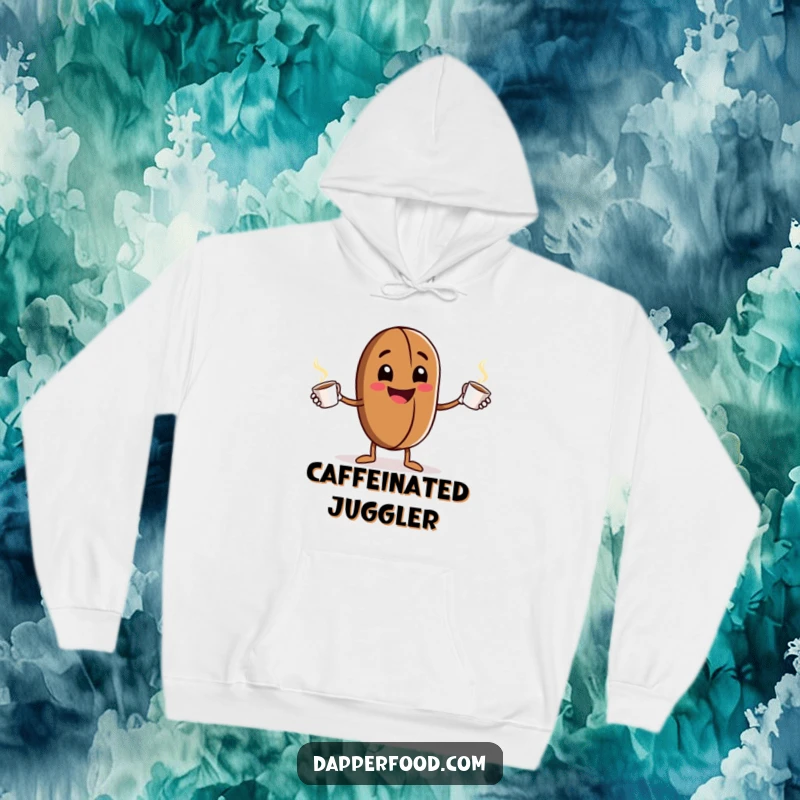 Funny Hoodie: A grinning anthropomorphic coffee bean character enthusiastically juggles tiny steaming cups, creating a humorous and cozy apparel item.
