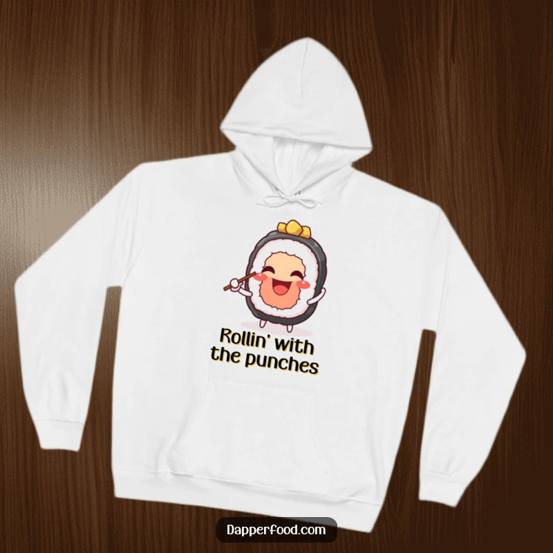 Funny hoodie depicting a cheerful sushi character grinning while juggling chopsticks, offering warmth and food-themed amusement. A perfect funny gift.