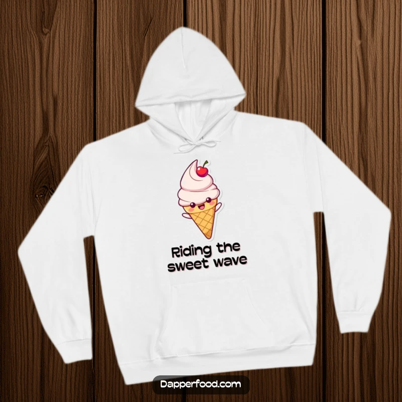 Funny Ice Cream Hoodie featuring a happy cone character with cherry topping, sliding down a rainbow, offering cozy comfort and whimsical fun.