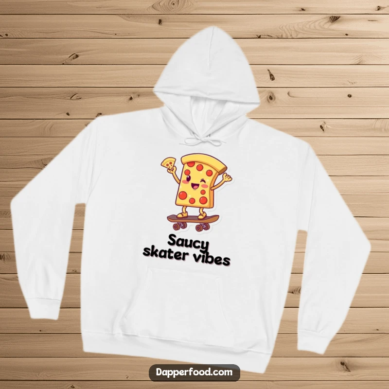 Funny hoodie graphic of a smiling pizza slice character balancing on a skateboard, one slice pointed skyward, embodying pure joy.
