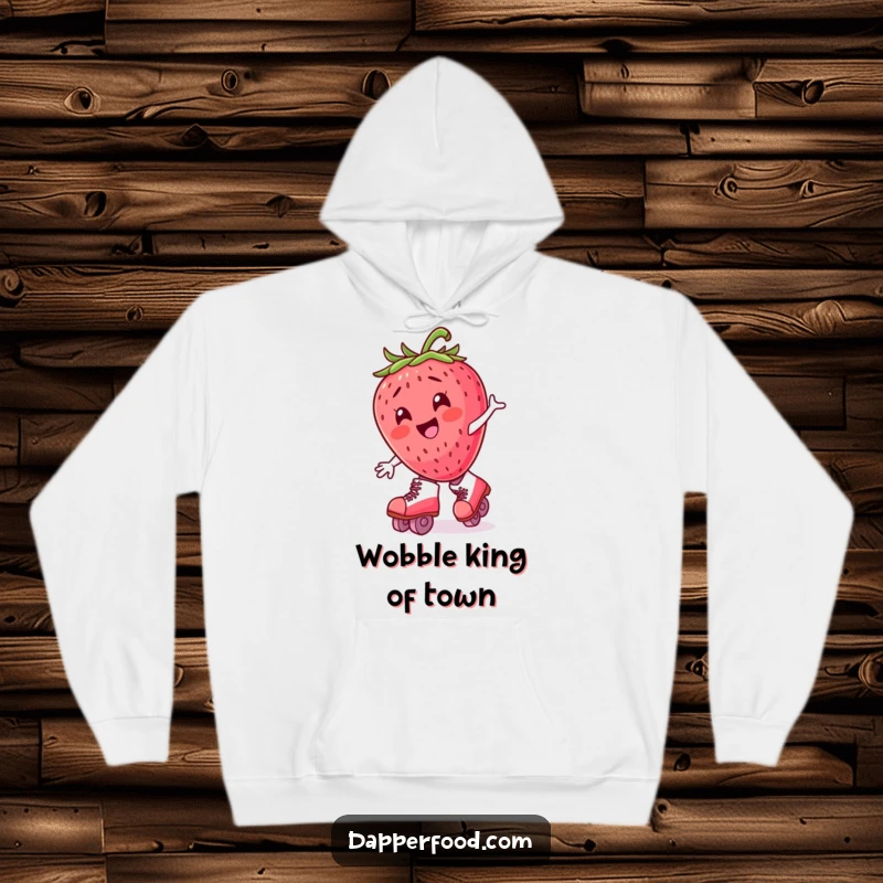 Funny strawberry character in oversized roller skates, looking delighted on a cozy hoodie, ready for winter.