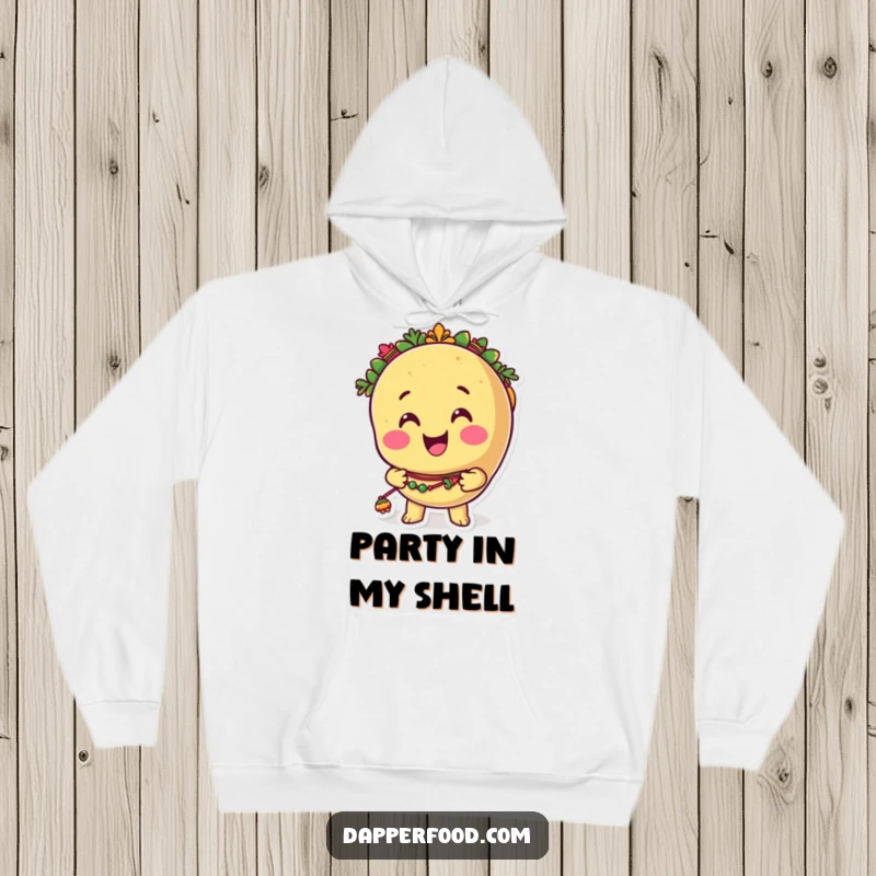 Funny taco hoodie showcasing a smiling anthropomorphic taco character energetically shaking tiny, colorful maracas for ultimate festive cheer.