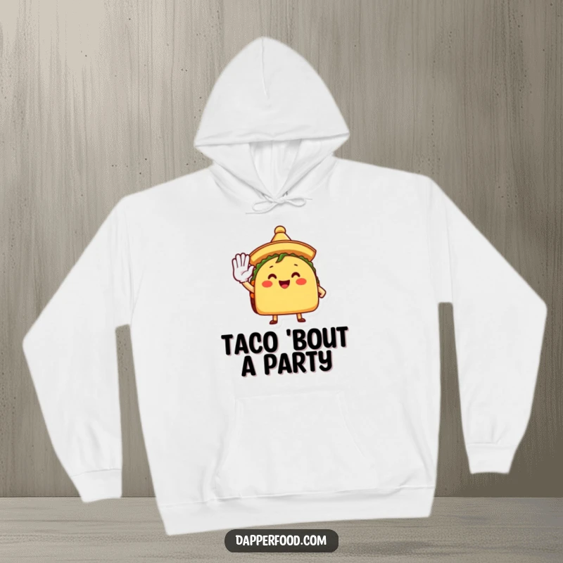 Funny Hoodie depicting a smiling taco character in a small sombrero, enthusiastically giving a salute, spreading cheer.