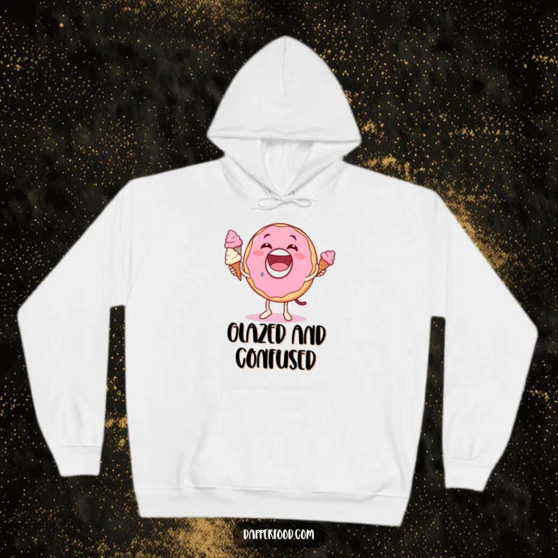Funny donut hoodie, big grin, juggling tiny ice cream cones, offering a warm and humorous take on dessert delight.