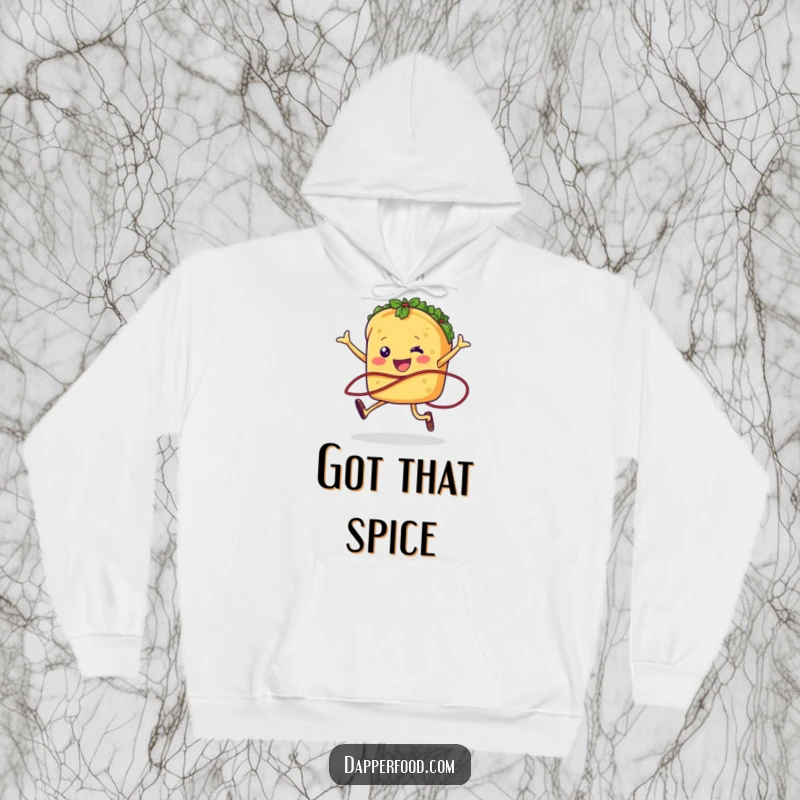 A cheerful taco jumping rope character on a soft hoodie for humorous, comfortable wear during active or relaxed times.