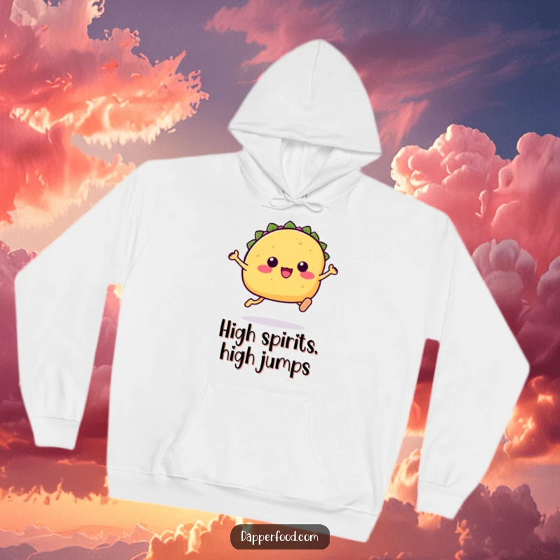 Funny Kawaii taco hoodie featuring a cute taco character with tiny legs in a joyful leaping pose.