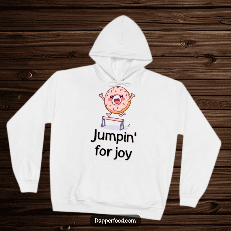 Funny hoodie with a delighted donut character in sprinkles, leaping over a hurdle, offering cozy warmth and playful food-themed amusement. Perfect funny gift.