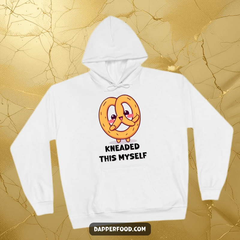 Funny Kawaii pretzel character doing a delightful wiggle pose on a cozy hoodie, showcasing a whimsical and humorous vibe.