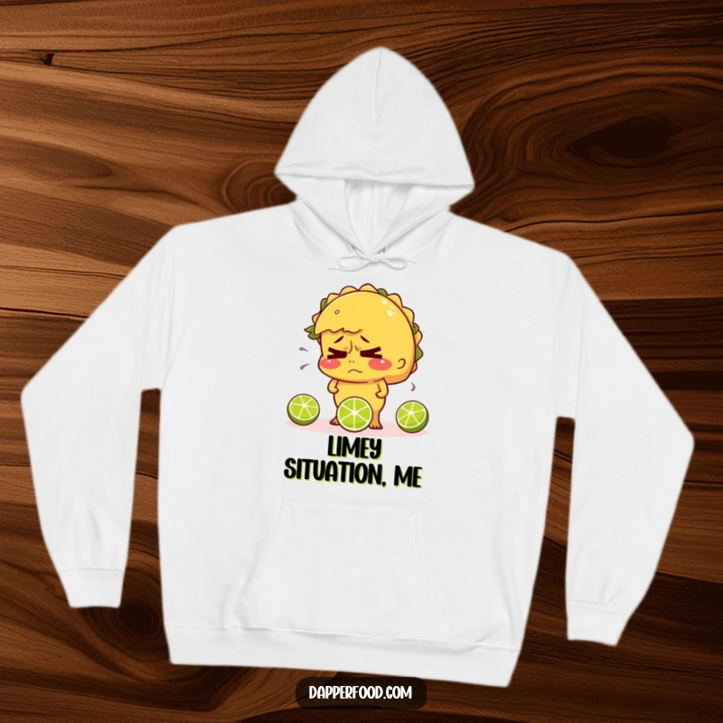 Funny hoodie with a nervous taco sweating while juggling limes, offering comfort and relatable humor.