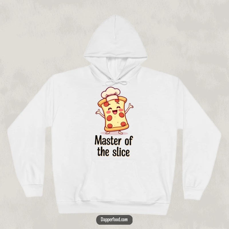 Funny hoodie showing a joyful pizza slice in a dramatic pose wearing a tiny chef hat, offering warmth and wit.