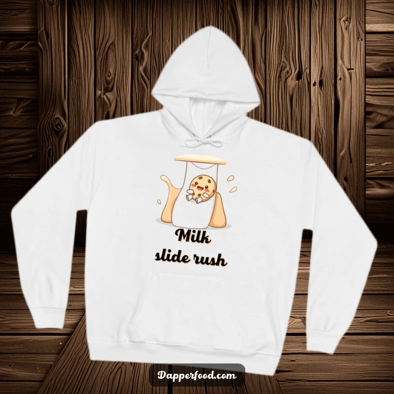 Funny cookie hoodie with a giggling character sliding down a milk-flavored slide, offering cozy comfort and sweet joy.
