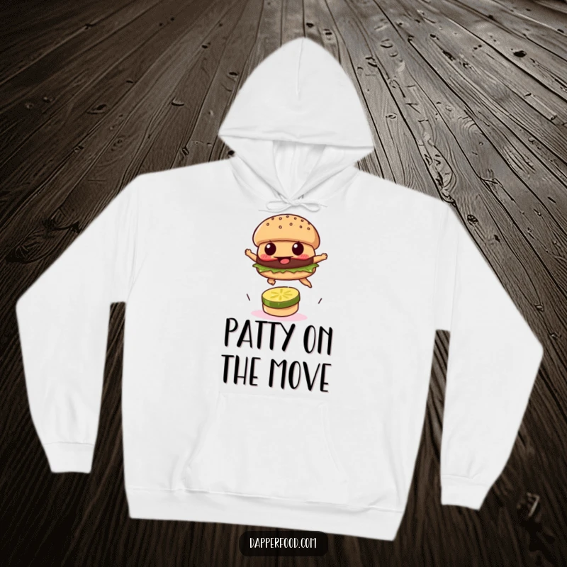 Funny hoodie with a burger patty leaping over a pickle, representing strength and humor.