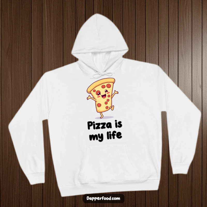 Funny Hoodie featuring a happy pizza slice character doing a dramatic cartwheel, radiating warmth and cheesy fun.