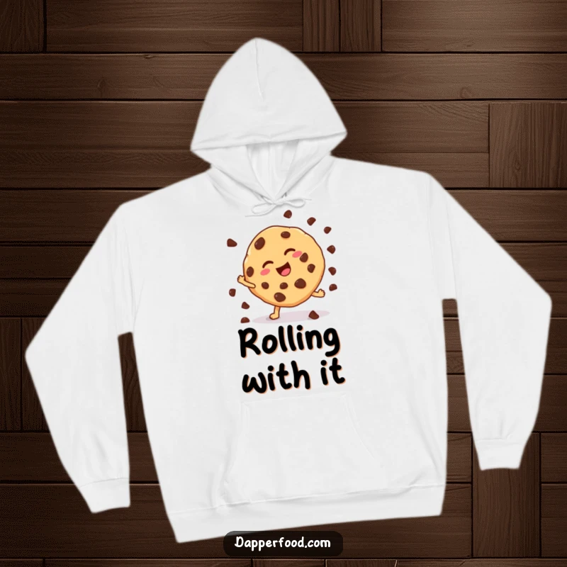 Funny cookie cartwheel hoodie, showing a chocolate chip cookie attempting a cartwheel, offering warmth and a smile. An excellent funny gift.