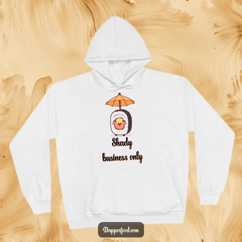Funny Hoodie featuring a happy sushi roll holding a tiny umbrella, offering cozy cheer and playful protection.
