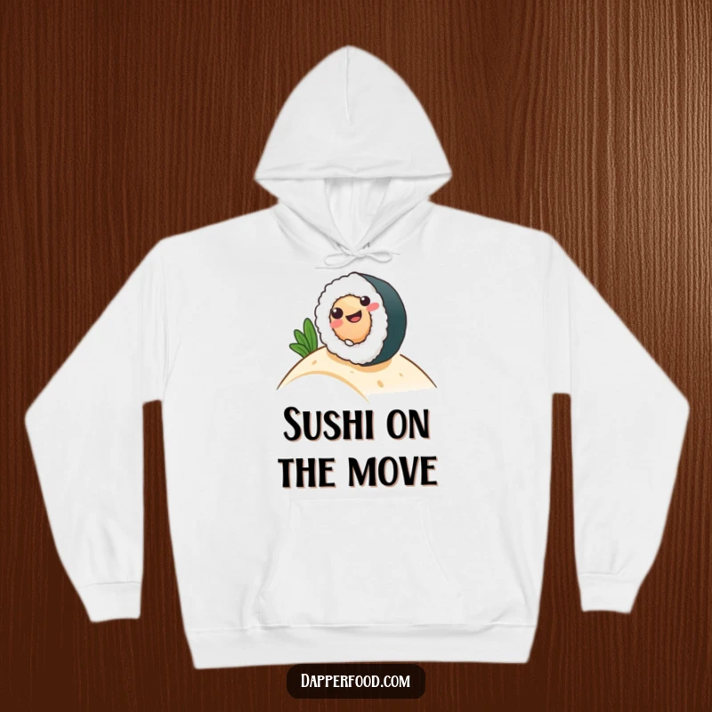 Funny Hoodie depicting a happy sushi roll character gleefully rolling downhill, embodying a sense of playful freedom.
