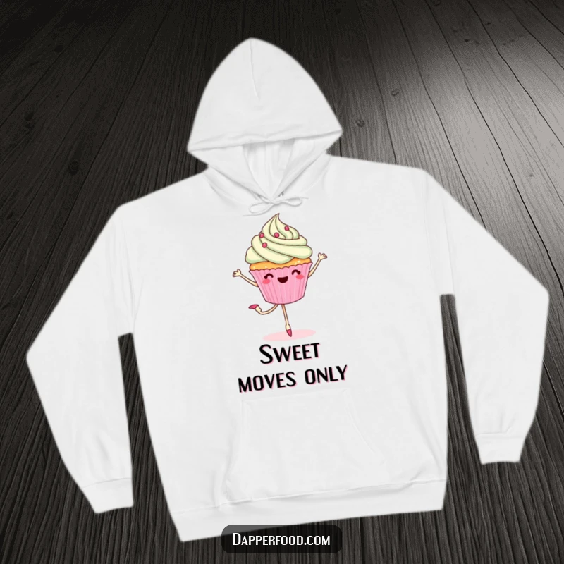 Funny hoodie featuring a cheerful cupcake with legs in a graceful ballet pirouette, combining comfort with sweet artistic expression.