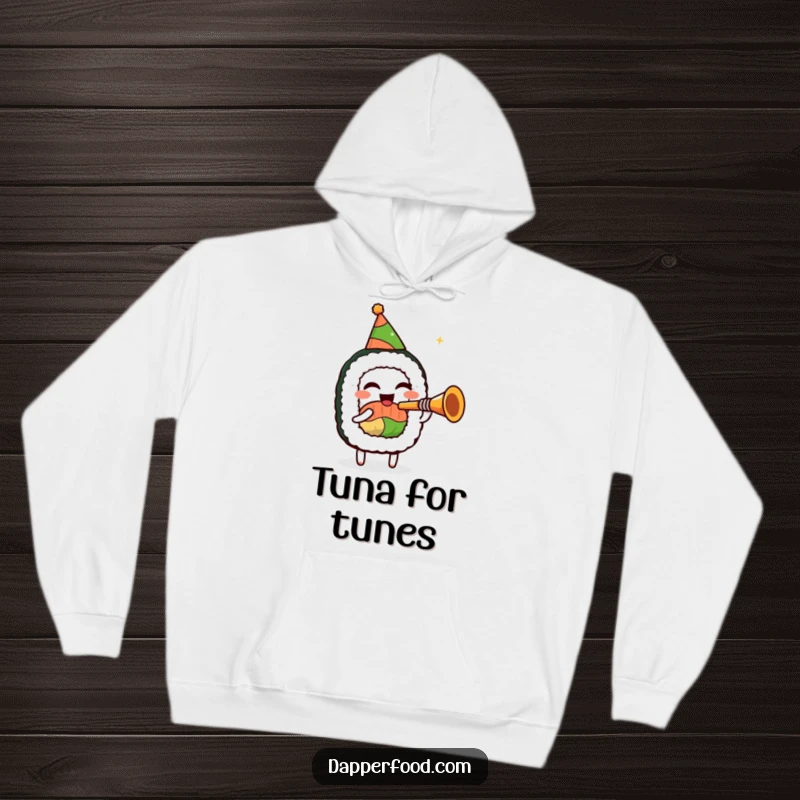 Funny sushi roll hoodie, in a party hat, playing a tiny trumpet, offering warm and humorous festive comfort.