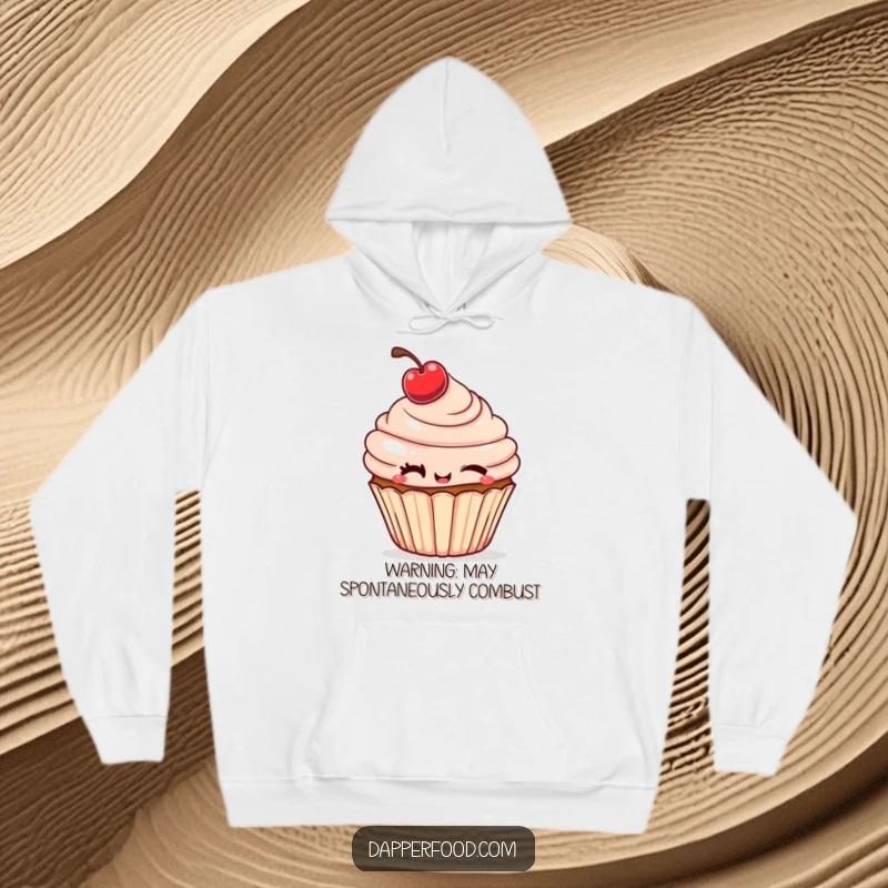 Funny Hoodie showcasing a cheeky cupcake with a winking cherry, radiating warmth and playful mischief.