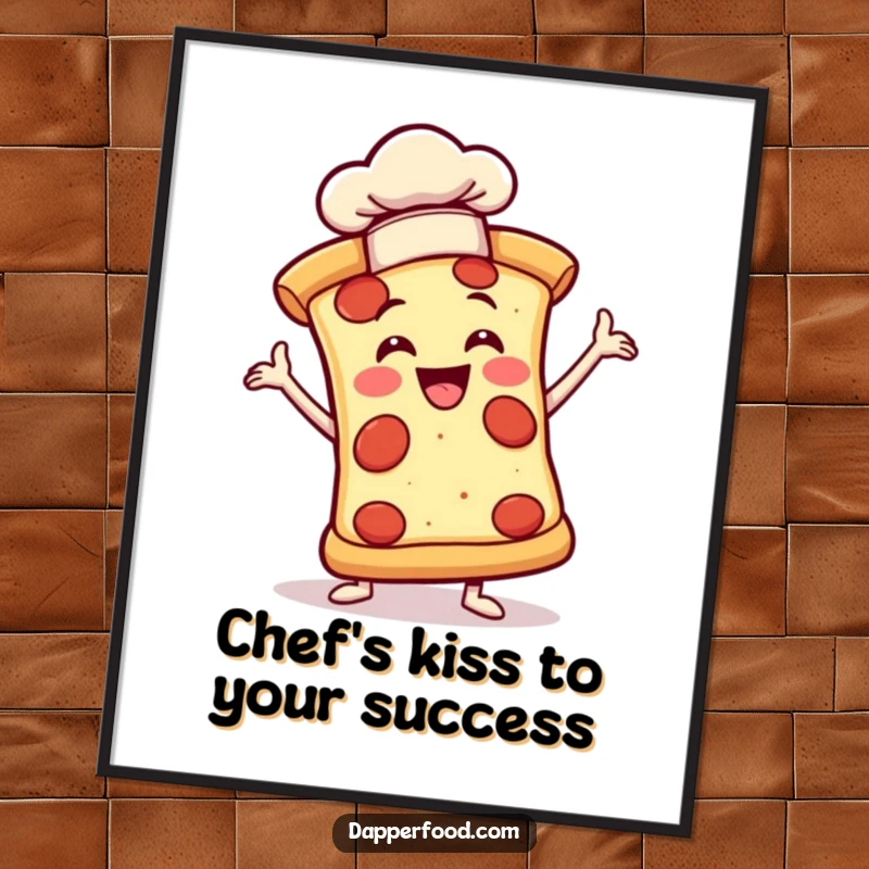 Funny free printable wall art: A joyful pizza slice dramatically posing with a tiny chef hat, charming food art.