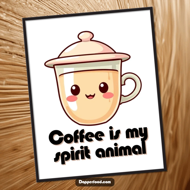 Funny Free Printable Wall Art featuring a gleefully hovering coffee cup character with a flying saucer for a lid.