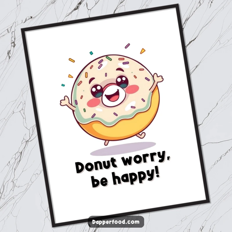 Funny Free Printable Wall Art: An anthropomorphic donut character enthusiastically bouncing with sprinkles flying.