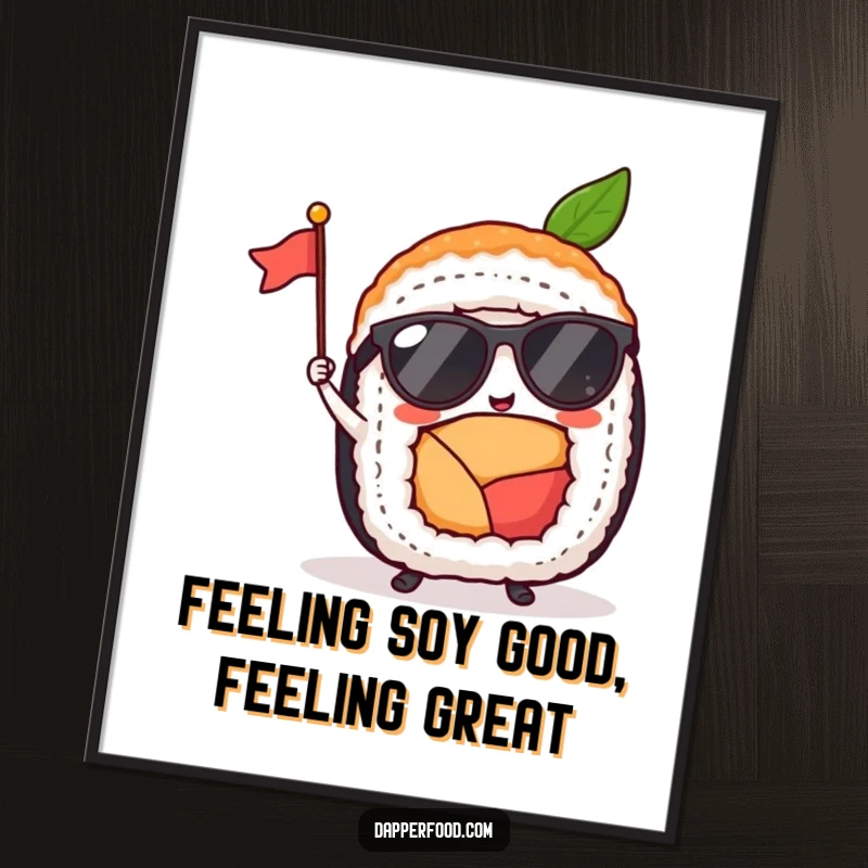 Funny Free Printable wall art: A delighted sushi roll character wearing tiny sunglasses and waving a tiny flag with a cool vibe.