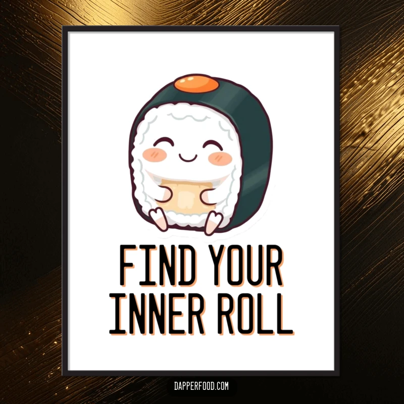 Funny free printable wall art: A serene sushi roll with eyes closed, meditating with a gentle grin, calming illustration.