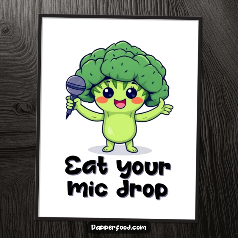 Funny free printable wall art of a proud broccoli floret with arms presenting a tiny microphone, ready to entertain.
